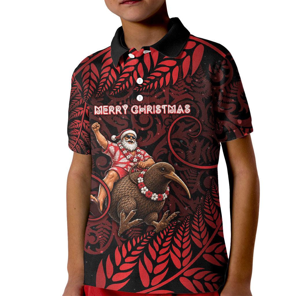 New Zealand Christmas Kid Polo Shirt Red Santa Riding Kiwi Bird Silver Fern DT05 Kid Red - Polynesian Pride