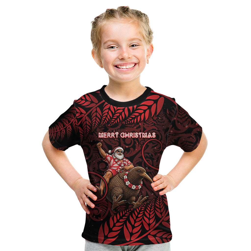 New Zealand Christmas Kid T Shirt Red Santa Riding Kiwi Bird Silver Fern DT05 Red - Polynesian Pride