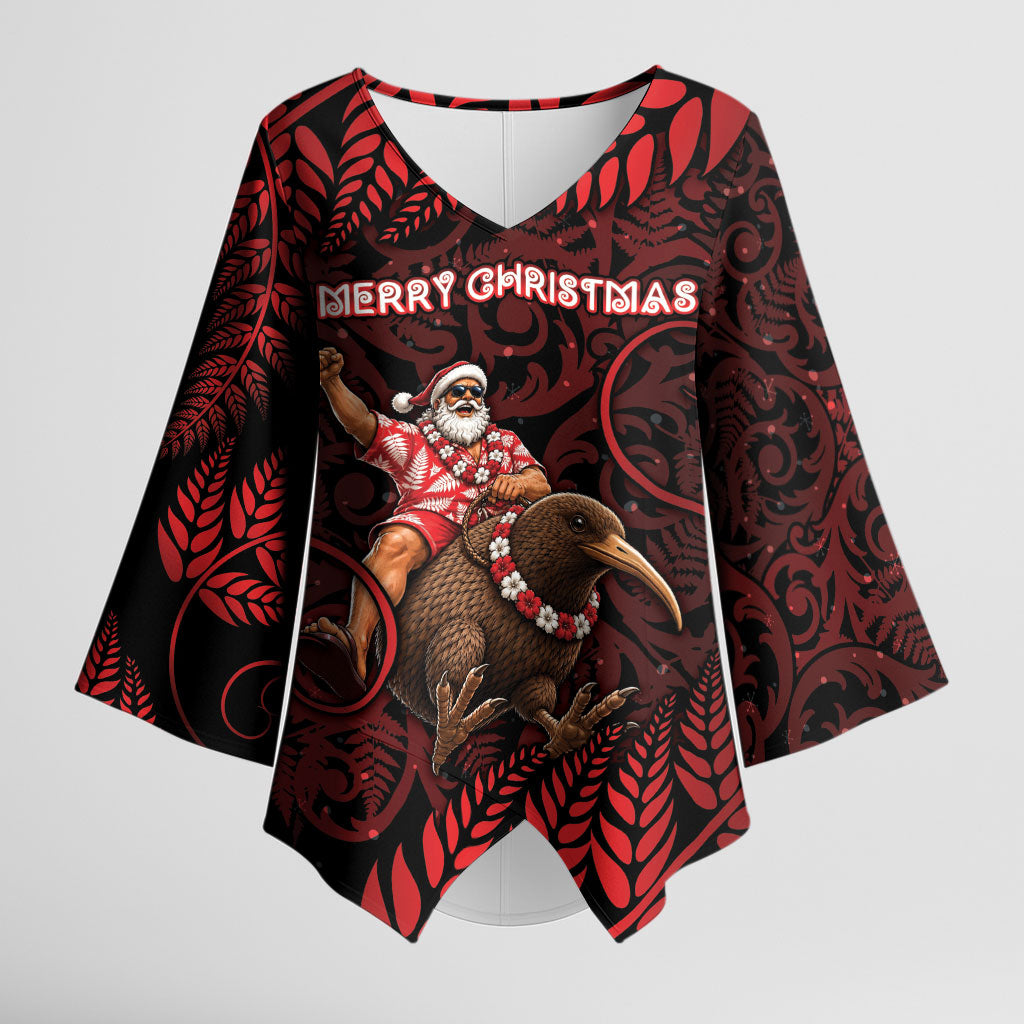 New Zealand Christmas Kimono Sleeve Blouse Red Santa Riding Kiwi Bird Silver Fern DT05 Female Red - Polynesian Pride