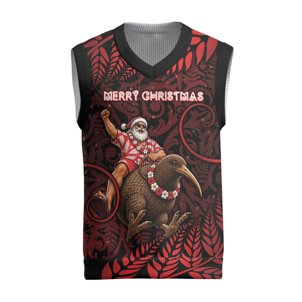 New Zealand Christmas Knitted V-Neck Vest Red Santa Riding Kiwi Bird Silver Fern DT05 Red - Polynesian Pride