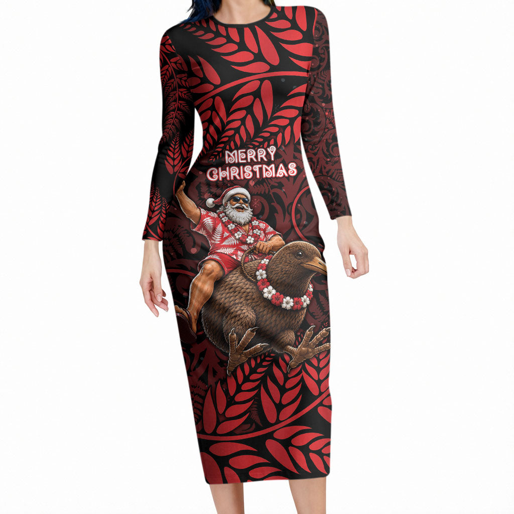 New Zealand Christmas Long Sleeve Bodycon Dress Red Santa Riding Kiwi Bird Silver Fern DT05 Long Dress Red - Polynesian Pride