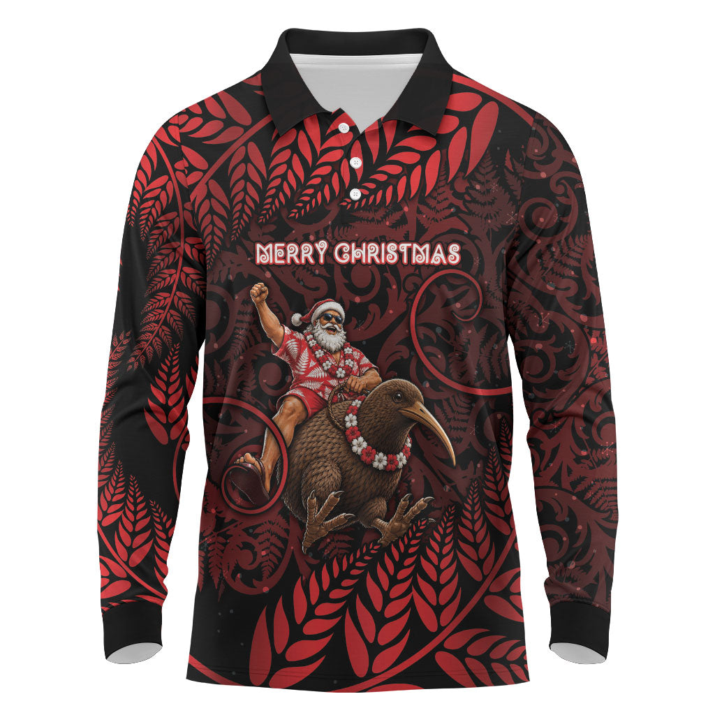 New Zealand Christmas Long Sleeve Polo Shirt Red Santa Riding Kiwi Bird Silver Fern DT05 Red - Polynesian Pride
