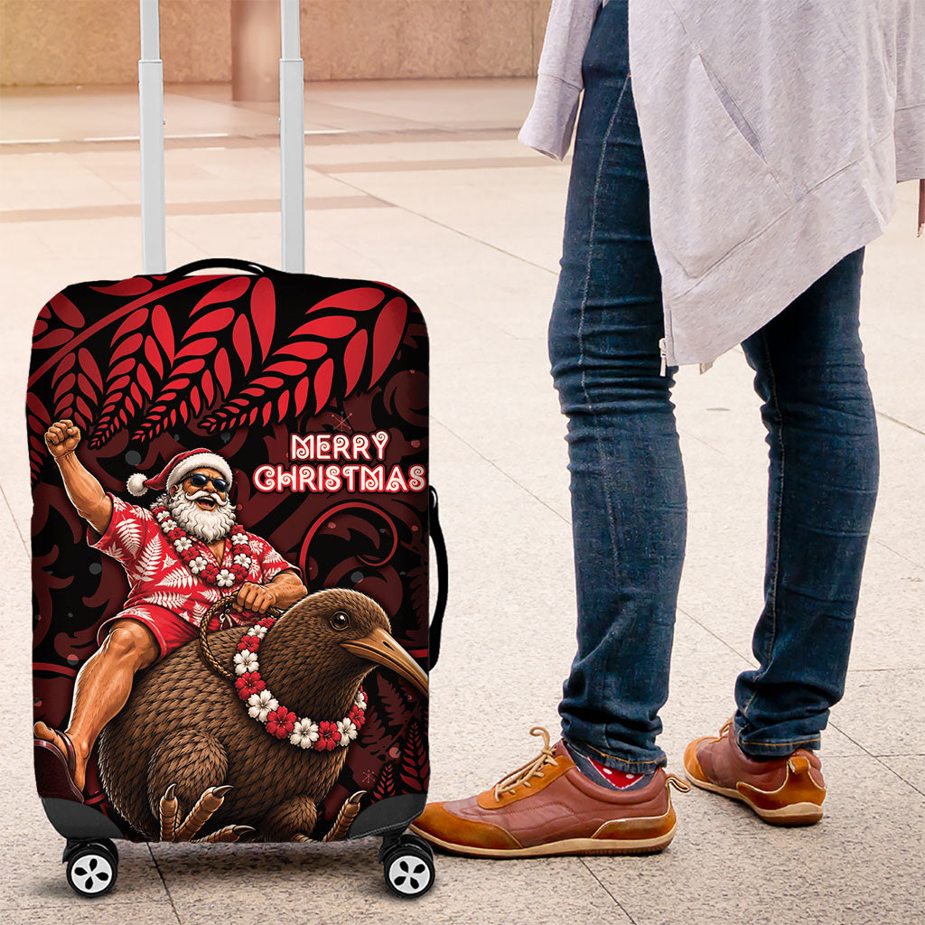 New Zealand Christmas Luggage Cover Red Santa Riding Kiwi Bird Silver Fern DT05 Red - Polynesian Pride