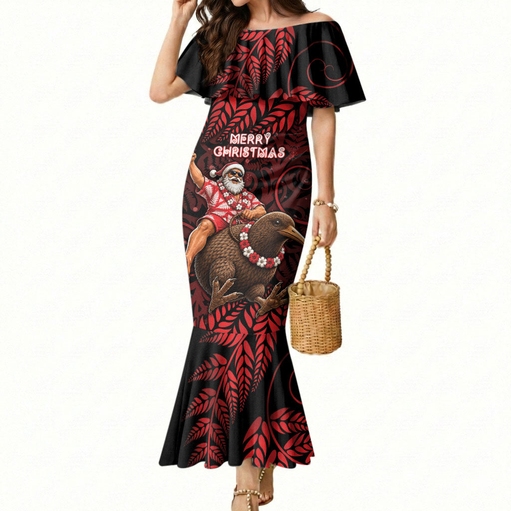 New Zealand Christmas Mermaid Dress Red Santa Riding Kiwi Bird Silver Fern DT05 Women Red - Polynesian Pride