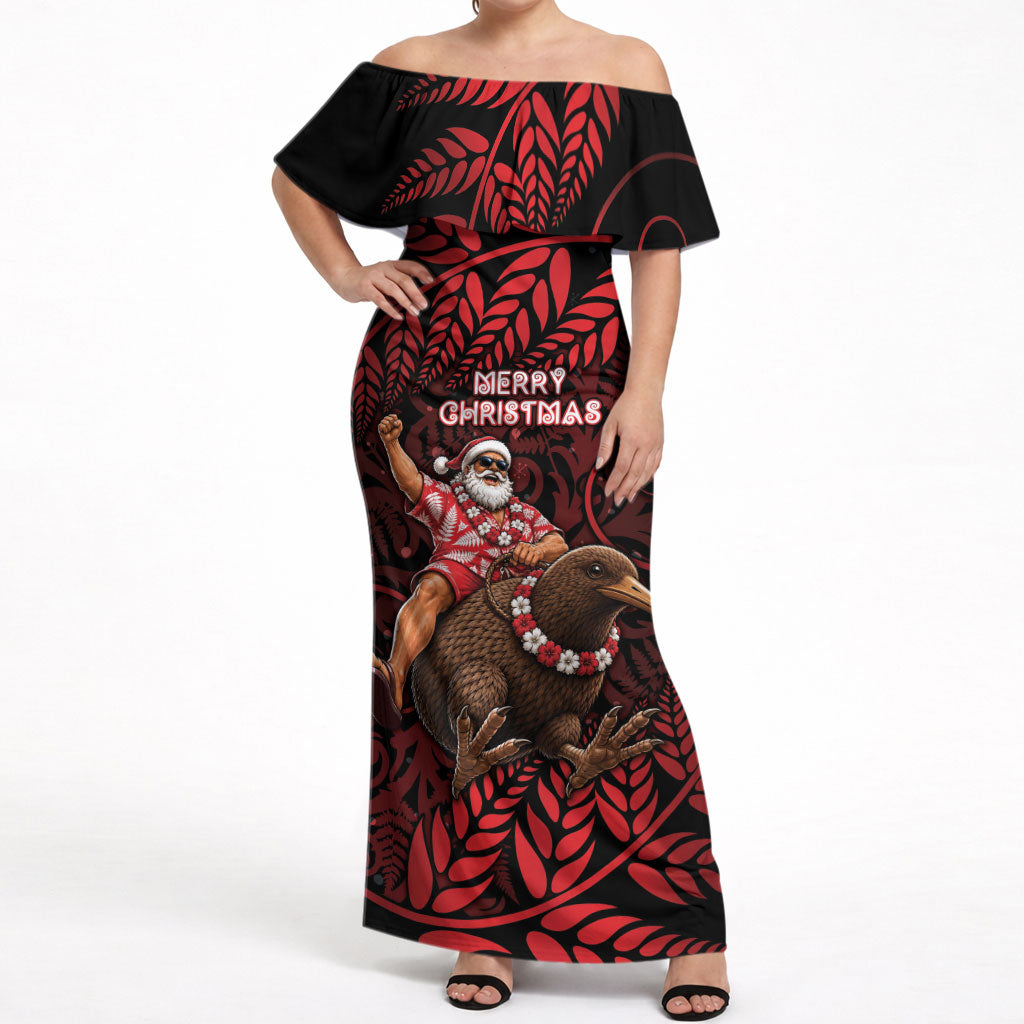 New Zealand Christmas Off Shoulder Maxi Dress Red Santa Riding Kiwi Bird Silver Fern DT05 Women Red - Polynesian Pride