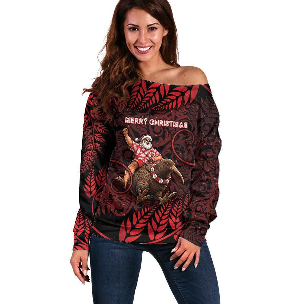 New Zealand Christmas Off Shoulder Sweater Red Santa Riding Kiwi Bird Silver Fern DT05 Women Red - Polynesian Pride