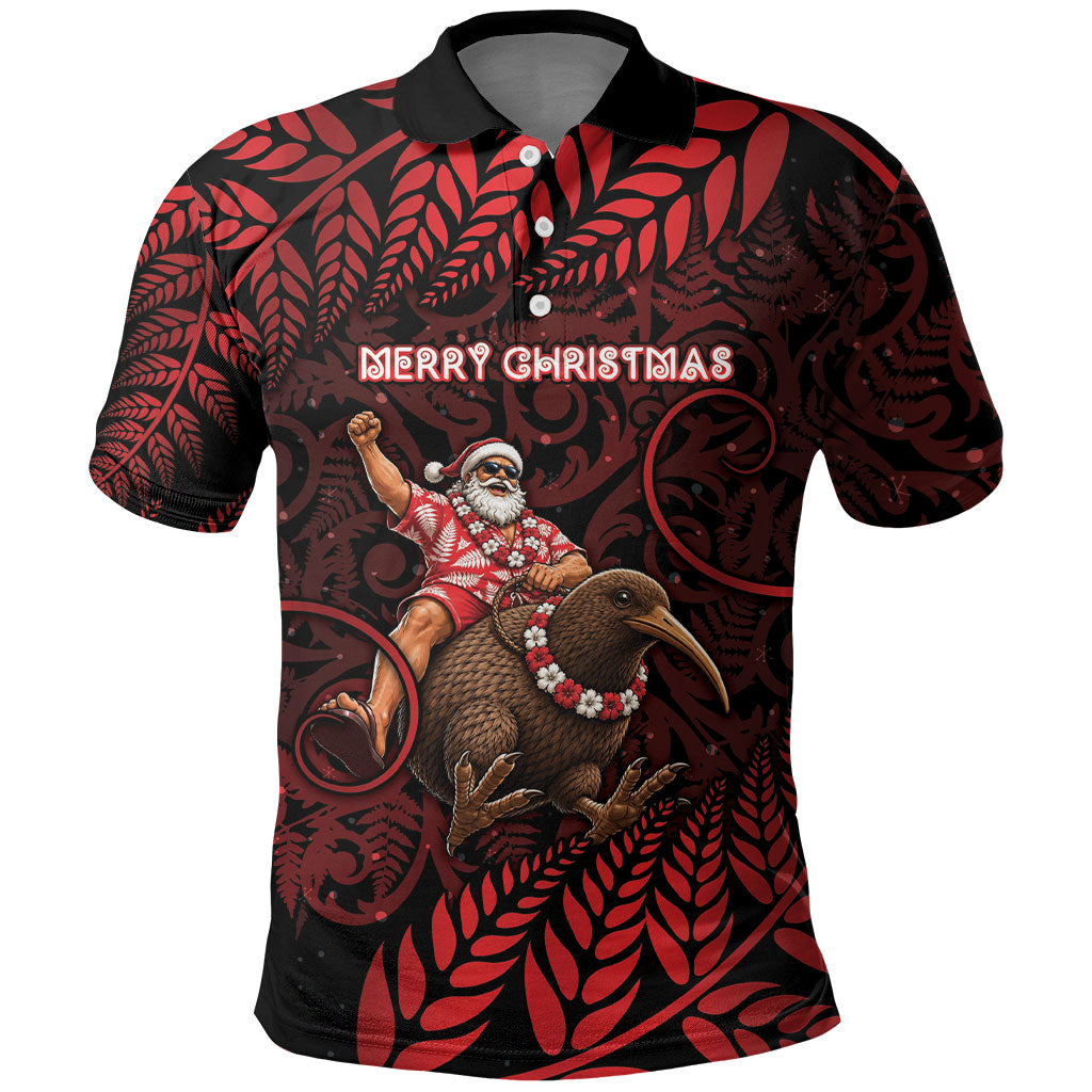 New Zealand Christmas Polo Shirt Red Santa Riding Kiwi Bird Silver Fern DT05 Red - Polynesian Pride
