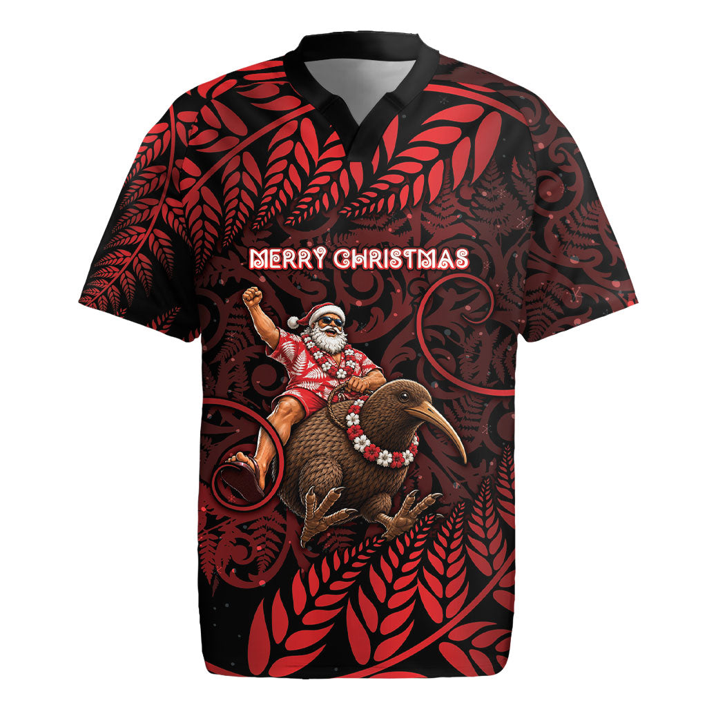 New Zealand Christmas Rugby Jersey Red Santa Riding Kiwi Bird Silver Fern DT05 Red - Polynesian Pride