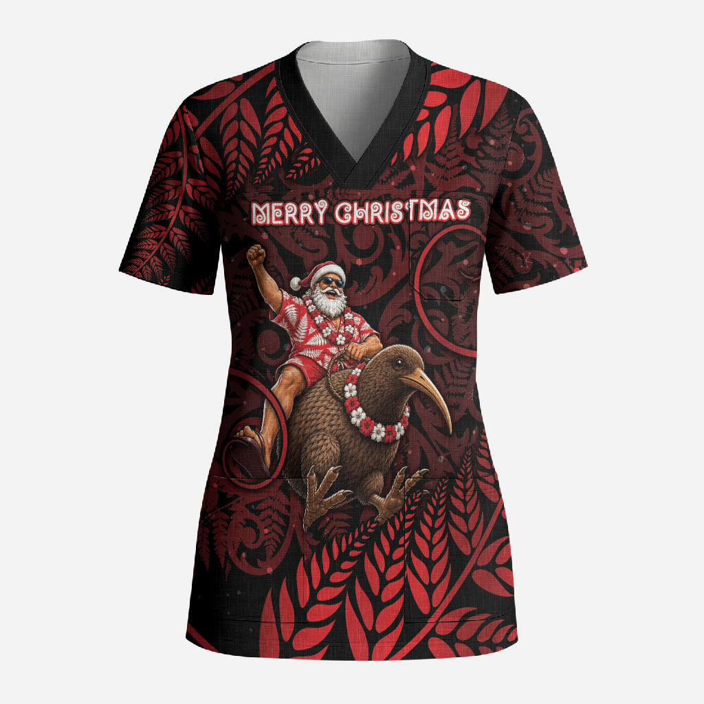 New Zealand Christmas Scrub Top Red Santa Riding Kiwi Bird Silver Fern DT05 Adult Red - Polynesian Pride