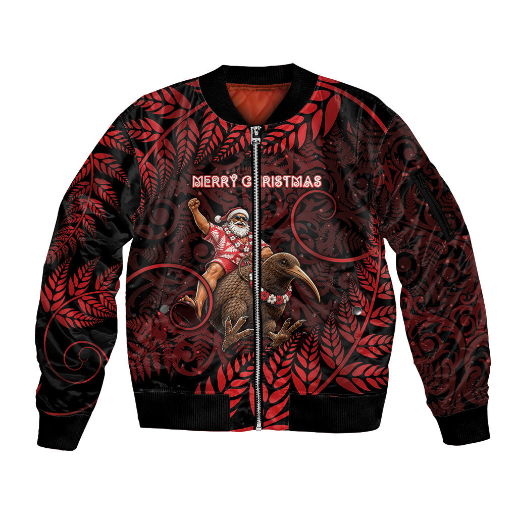 New Zealand Christmas Sleeve Zip Bomber Jacket Red Santa Riding Kiwi Bird Silver Fern DT05 Unisex Red - Polynesian Pride