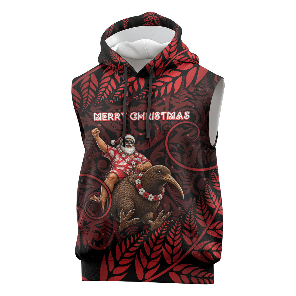 New Zealand Christmas Sleeveless Hoodie Red Santa Riding Kiwi Bird Silver Fern DT05 Red - Polynesian Pride