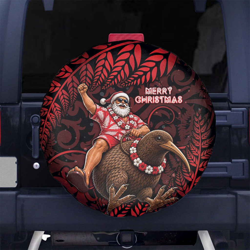 New Zealand Christmas Spare Tire Cover Red Santa Riding Kiwi Bird Silver Fern DT05 No hole Red - Polynesian Pride