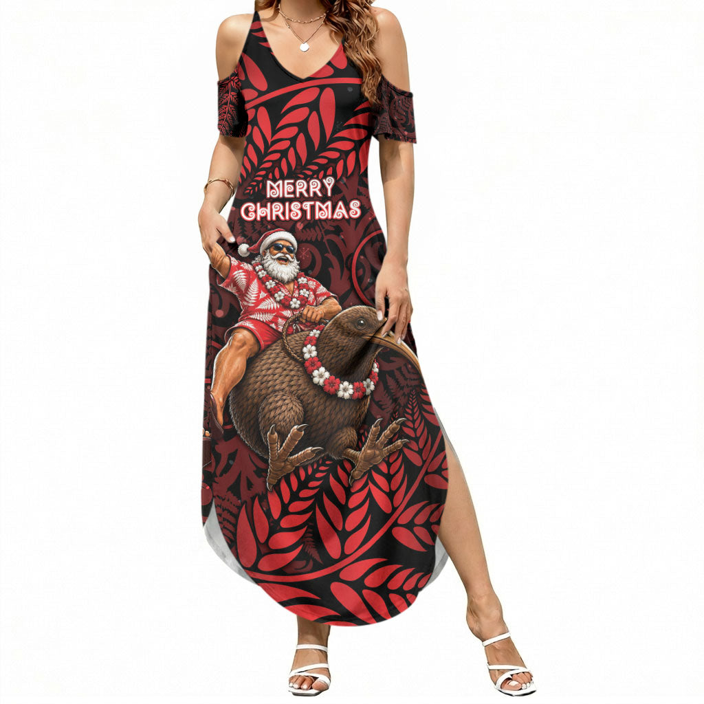 New Zealand Christmas Summer Maxi Dress Red Santa Riding Kiwi Bird Silver Fern DT05 Women Red - Polynesian Pride