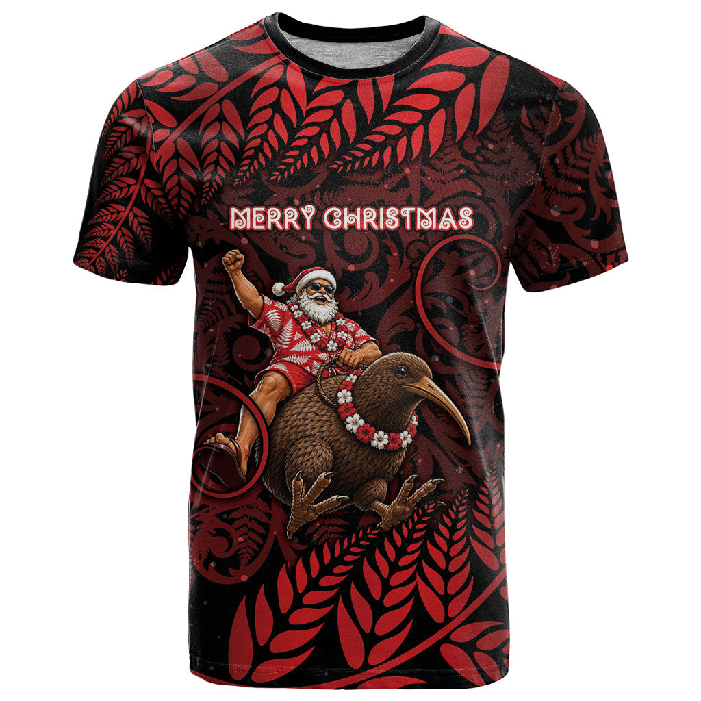 New Zealand Christmas T Shirt Red Santa Riding Kiwi Bird Silver Fern DT05 Red - Polynesian Pride
