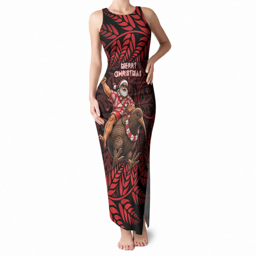 New Zealand Christmas Tank Maxi Dress Red Santa Riding Kiwi Bird Silver Fern DT05 Women Red - Polynesian Pride