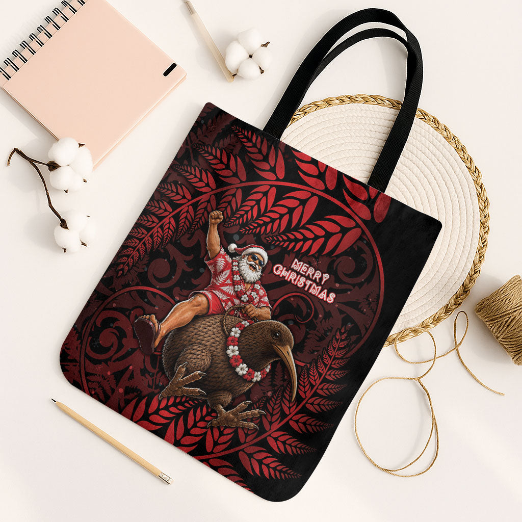 New Zealand Christmas Tote Bag Red Santa Riding Kiwi Bird Silver Fern DT05 Black Strap One Size Red - Polynesian Pride