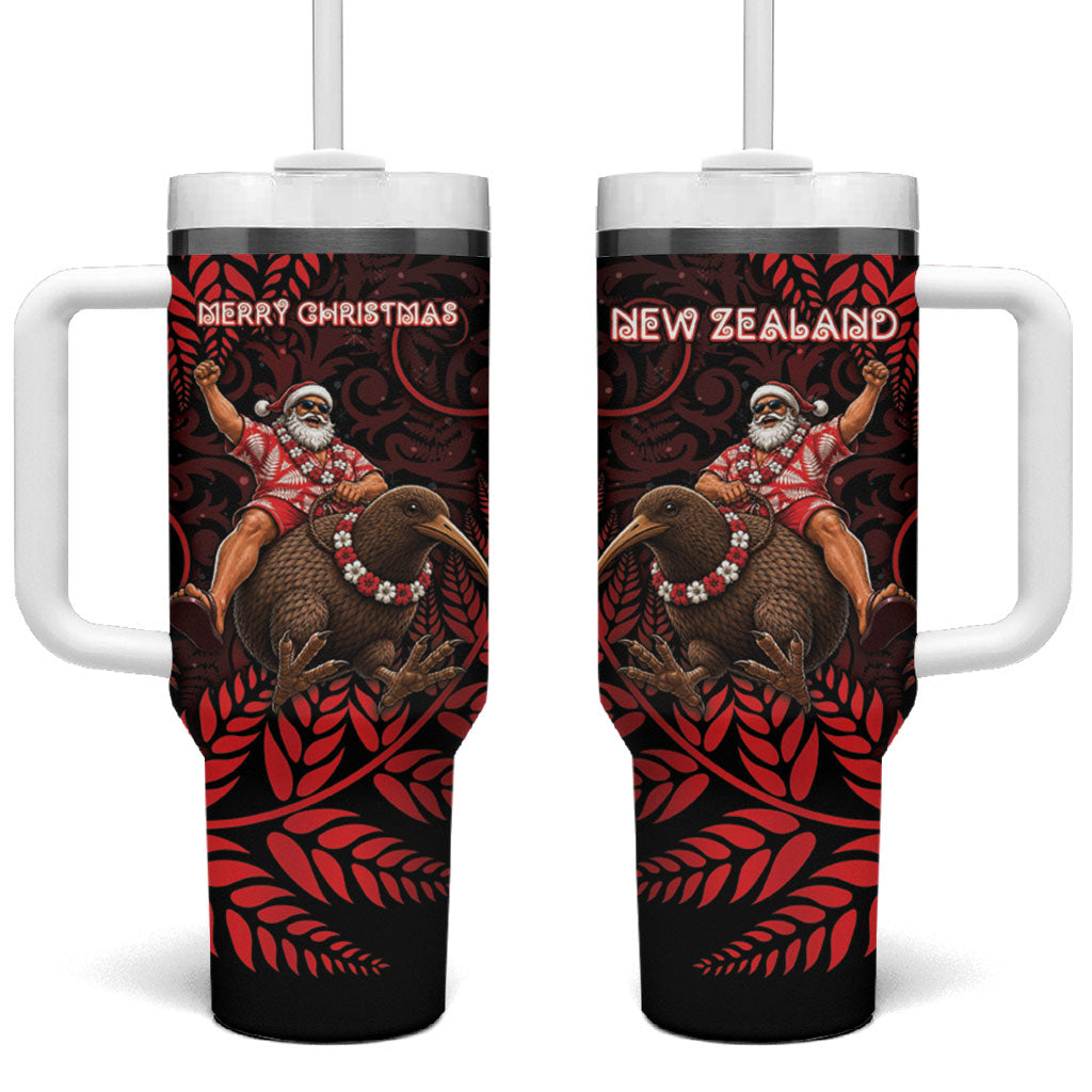 New Zealand Christmas Tumbler With Handle Red Santa Riding Kiwi Bird Silver Fern DT05 One Size: 40 oz Red - Polynesian Pride