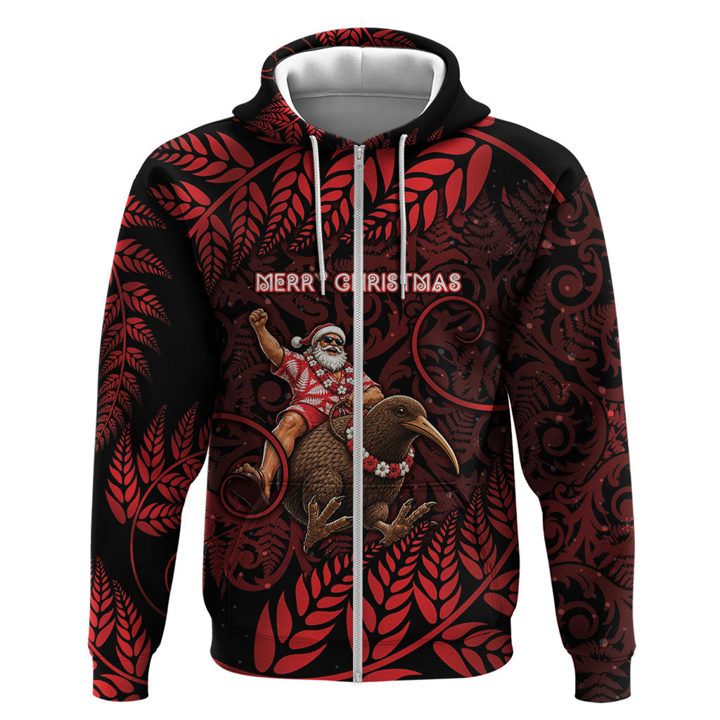 New Zealand Christmas Zip Hoodie Red Santa Riding Kiwi Bird Silver Fern DT05 Zip Hoodie Red - Polynesian Pride