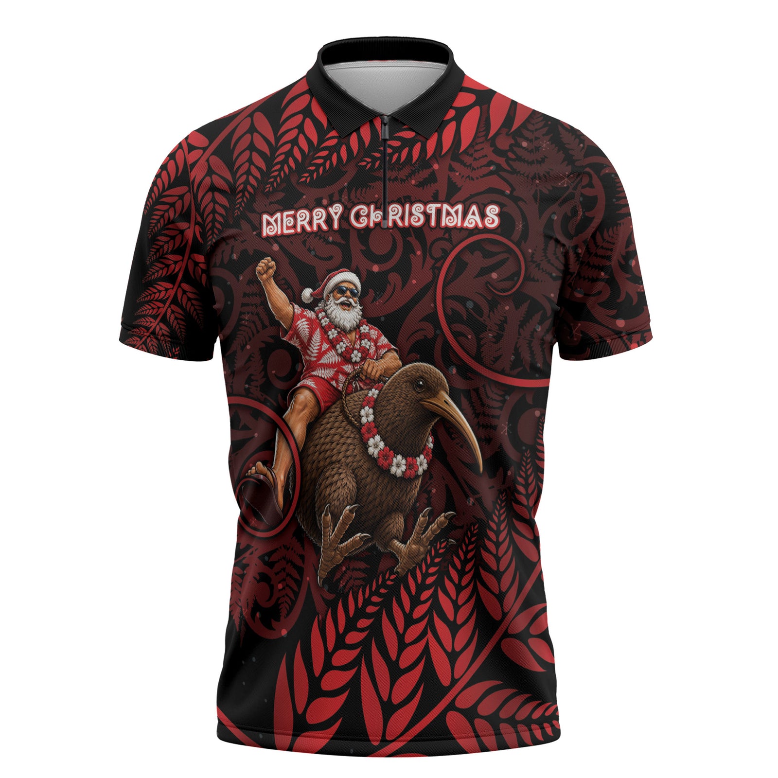 New Zealand Christmas Zipper Polo Shirt Red Santa Riding Kiwi Bird Silver Fern DT05 Red - Polynesian Pride
