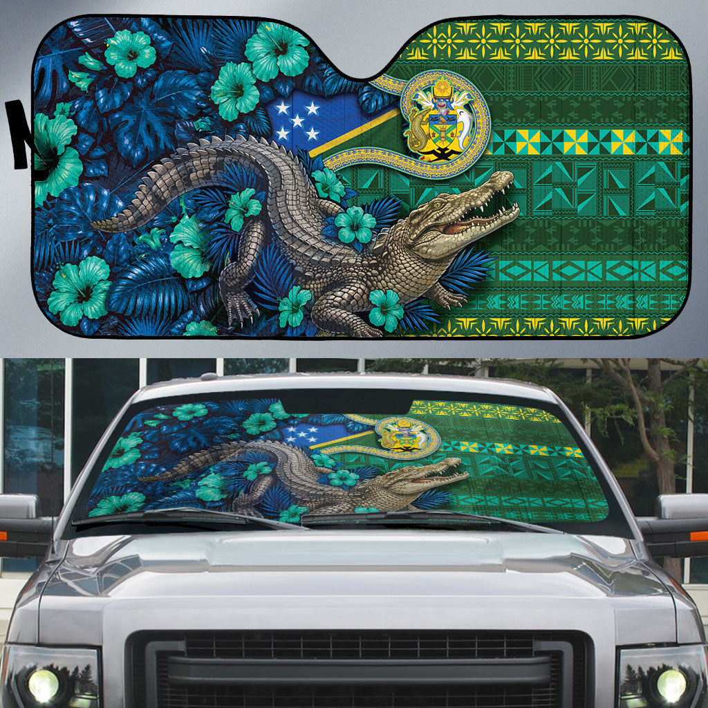 Solomon Islands Independence Day Auto Sun Shade Crocodile Hibiscus Tribal Pattern DT05 Green - Polynesian Pride