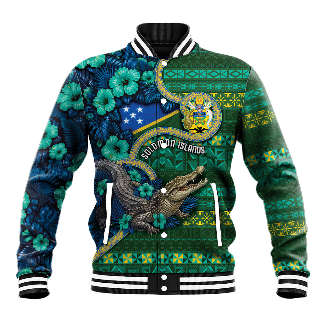 Personalised Solomon Islands Independence Day Baseball Jacket Crocodile Hibiscus Tribal Pattern DT05 Unisex Green - Polynesian Pride