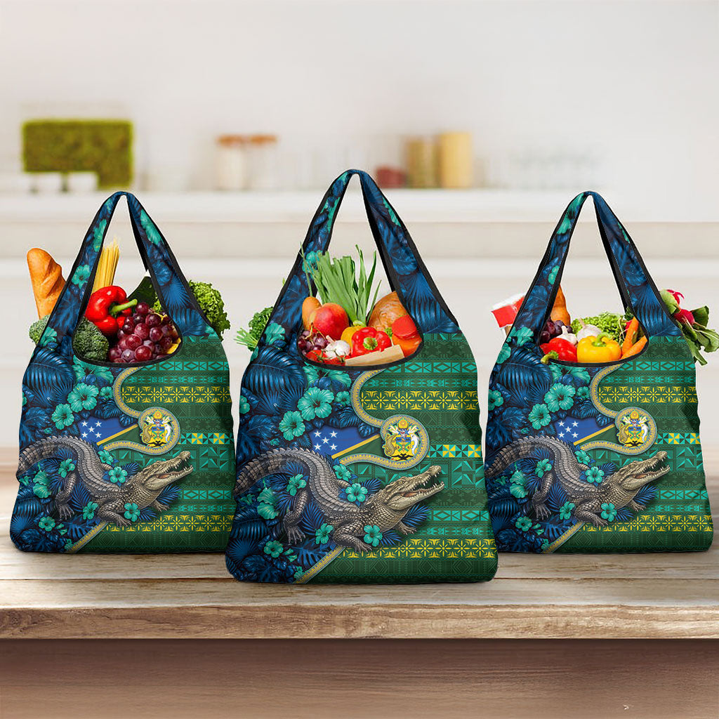 Solomon Islands Independence Day Grocery Bag Crocodile Hibiscus Tribal Pattern DT05 3-pack One Size Green - Polynesian Pride