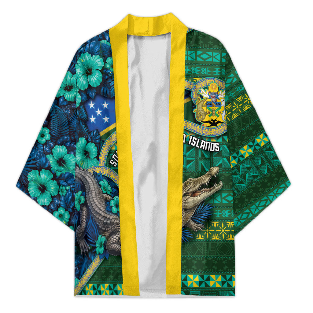 Personalised Solomon Islands Independence Day Kimono Crocodile Hibiscus Tribal Pattern DT05 Unisex Green - Polynesian Pride