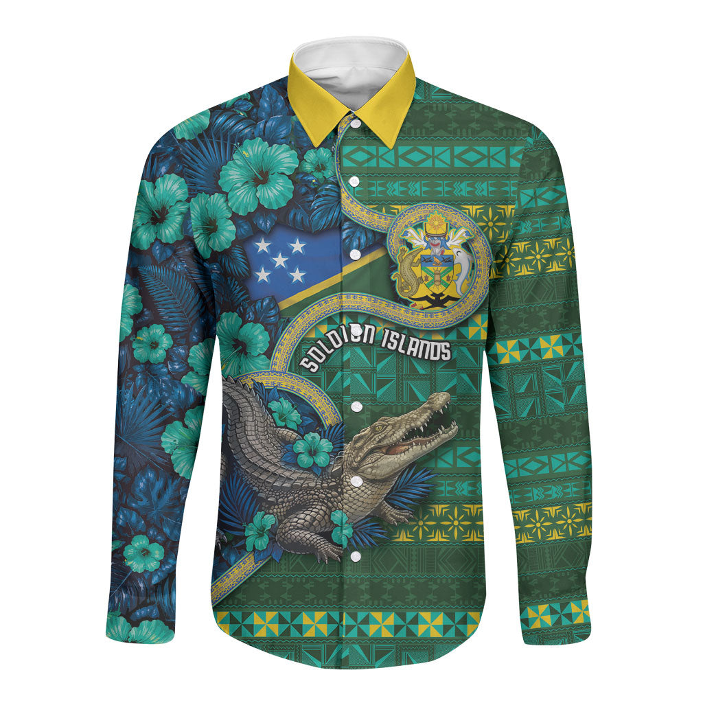 Personalised Solomon Islands Independence Day Long Sleeve Button Shirt Crocodile Hibiscus Tribal Pattern DT05 Unisex Green - Polynesian Pride