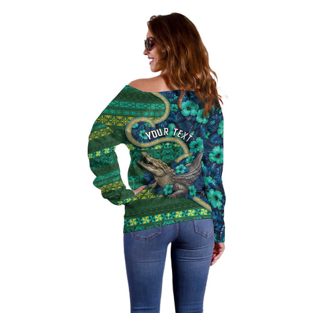 Personalised Solomon Islands Independence Day Off Shoulder Sweater Crocodile Hibiscus Tribal Pattern DT05 - Polynesian Pride