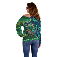 Personalised Solomon Islands Independence Day Off Shoulder Sweater Crocodile Hibiscus Tribal Pattern DT05 - Polynesian Pride