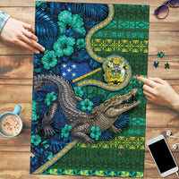 Solomon Islands Independence Day Puzzle Crocodile Hibiscus Tribal Pattern DT05 Green - Polynesian Pride