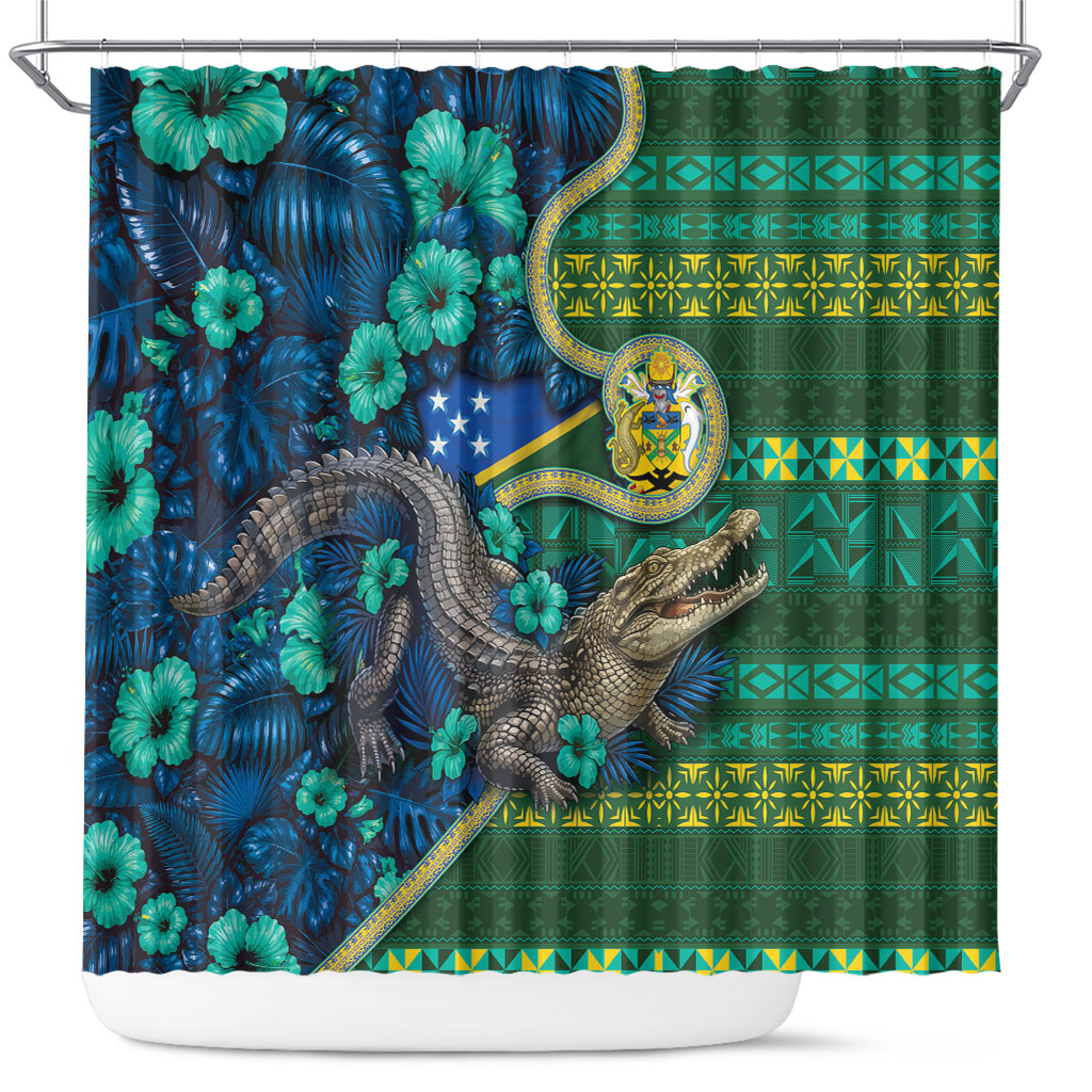 Solomon Islands Independence Day Shower Curtain Crocodile Hibiscus Tribal Pattern DT05 Green - Polynesian Pride
