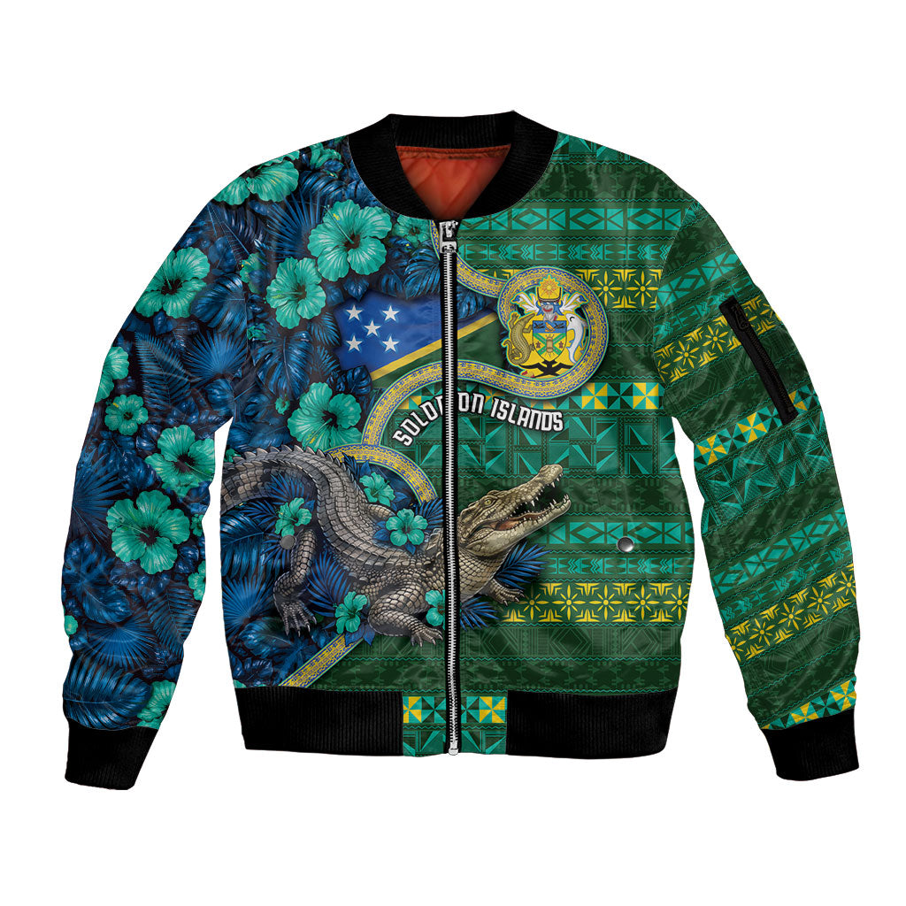 Personalised Solomon Islands Independence Day Sleeve Zip Bomber Jacket Crocodile Hibiscus Tribal Pattern DT05 Unisex Green - Polynesian Pride