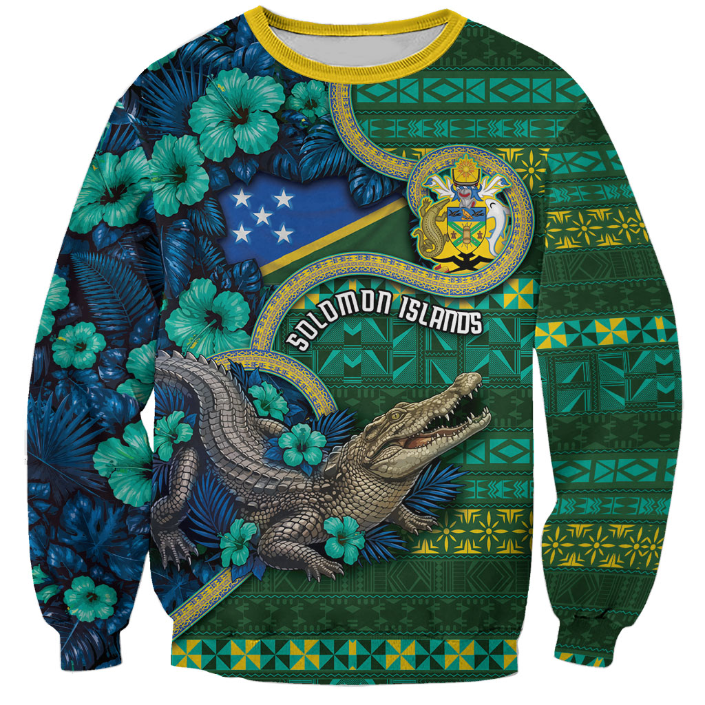 Personalised Solomon Islands Independence Day Sweatshirt Crocodile Hibiscus Tribal Pattern DT05 Unisex Green - Polynesian Pride