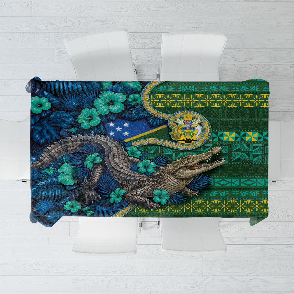 Solomon Islands Independence Day Tablecloth Crocodile Hibiscus Tribal Pattern DT05 Green - Polynesian Pride