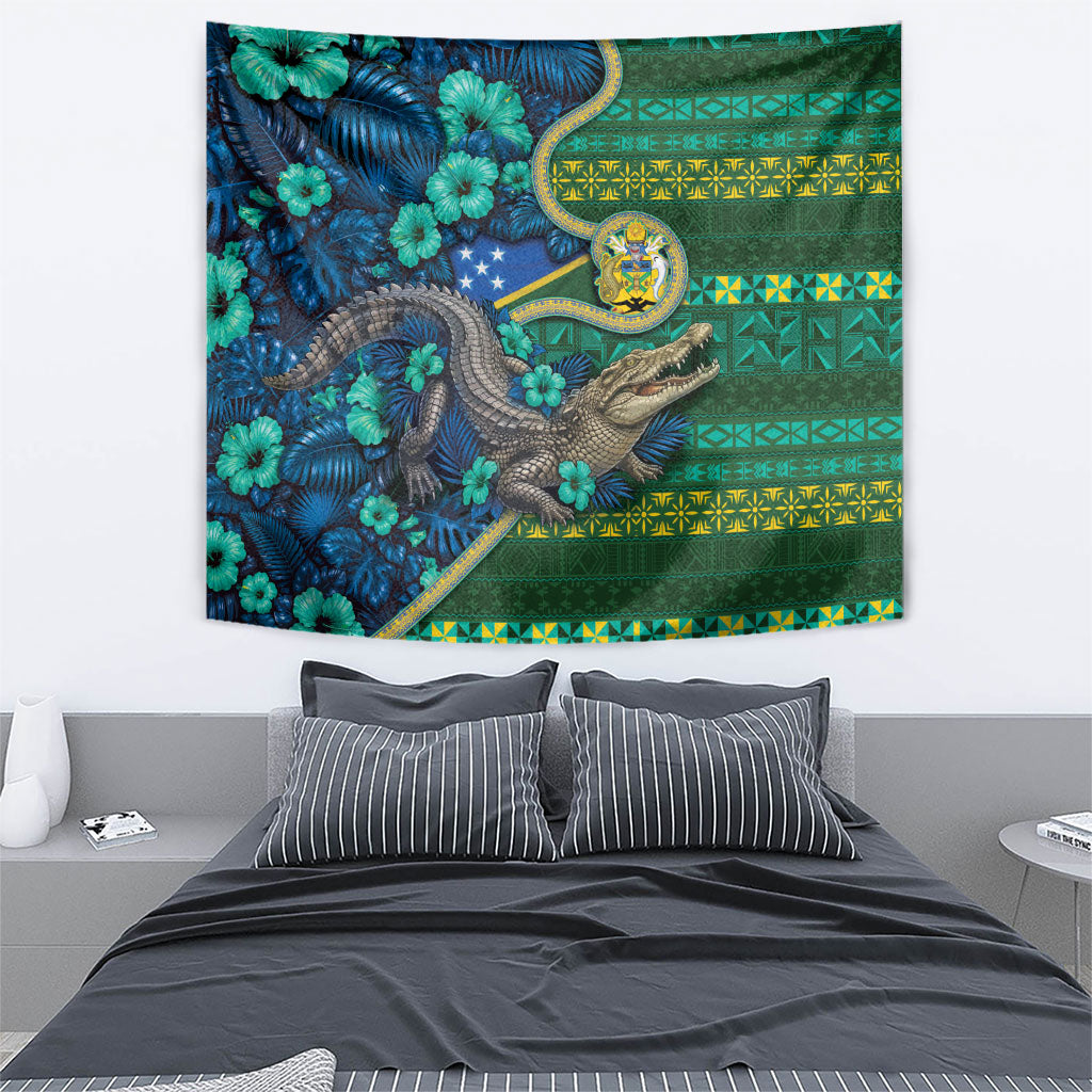 Solomon Islands Independence Day Tapestry Crocodile Hibiscus Tribal Pattern DT05 - Polynesian Pride