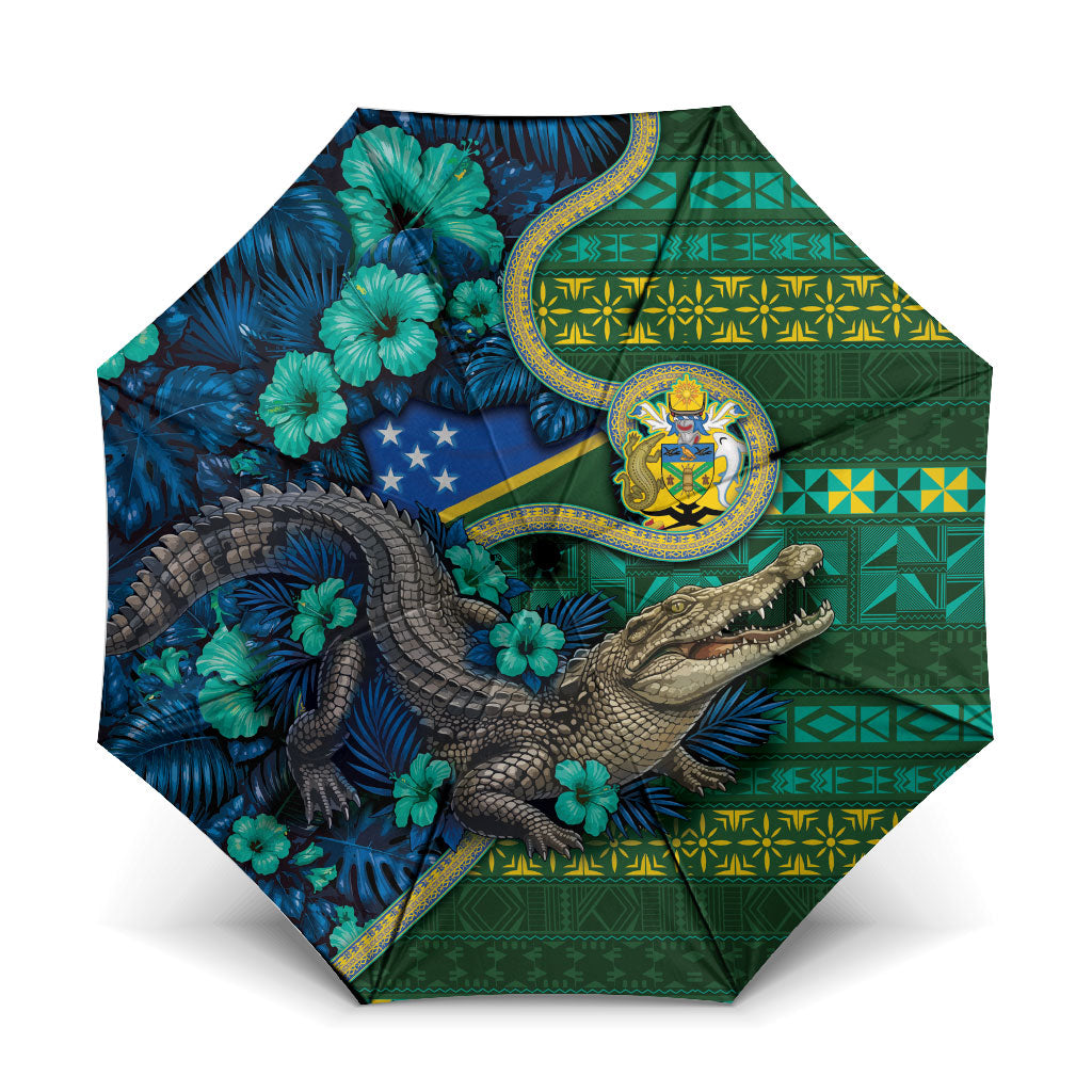 Solomon Islands Independence Day Umbrella Crocodile Hibiscus Tribal Pattern DT05 One Size Folded 11.42 inch Opened Diameter 37.4 inch Green - Polynesian Pride