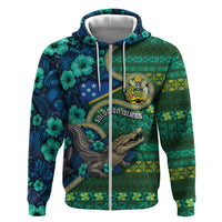 Personalised Solomon Islands Independence Day Zip Hoodie Crocodile Hibiscus Tribal Pattern DT05 Zip Hoodie Green - Polynesian Pride