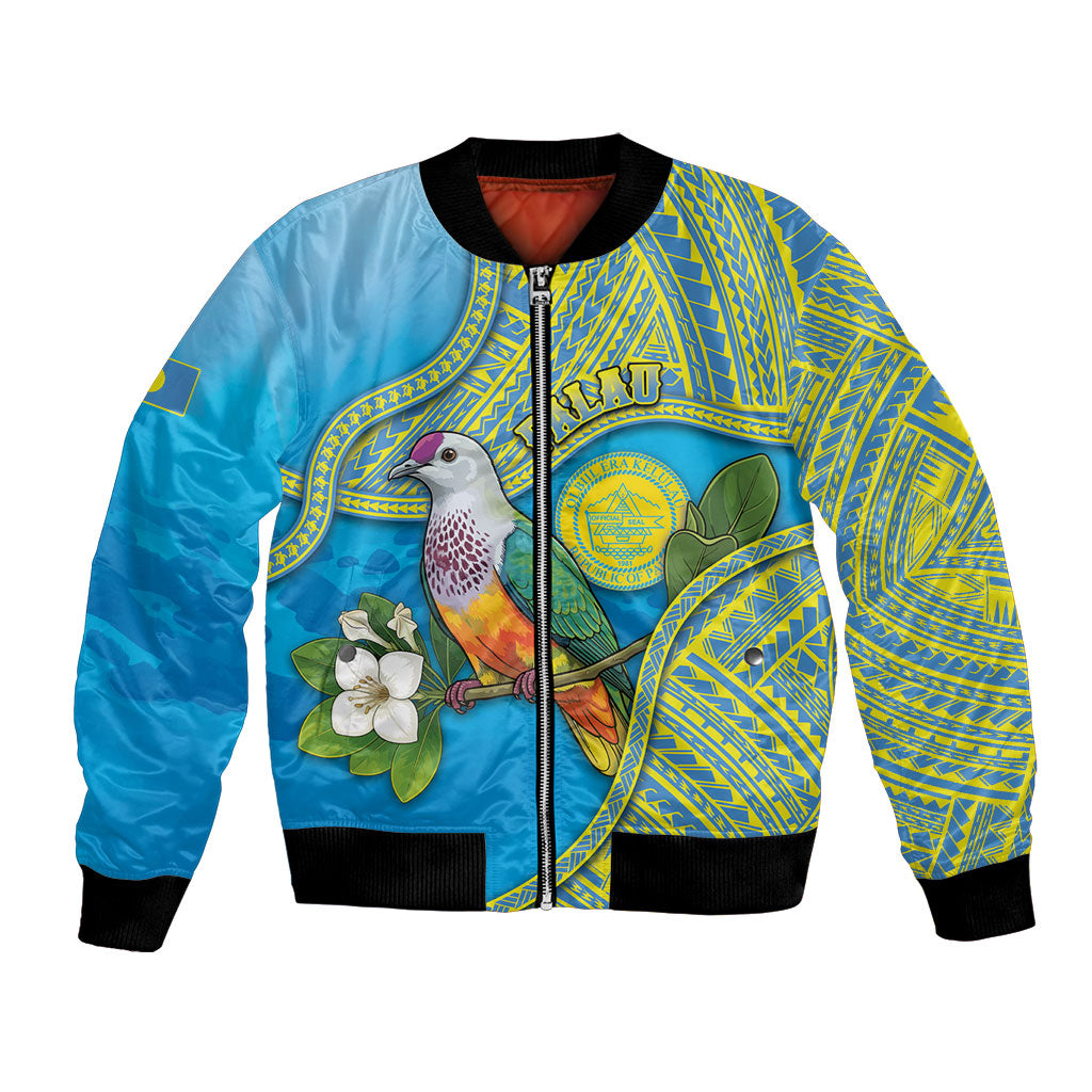 Personalised Palau Biib Bird Bomber Jacket Rur Flower And Rock Islands Patterns DT05 Unisex Blue - Polynesian Pride