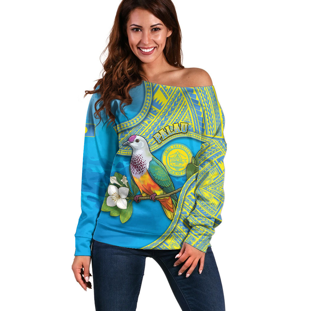 Personalised Palau Biib Bird Off Shoulder Sweater Rur Flower And Rock Islands Patterns DT05 Women Blue - Polynesian Pride