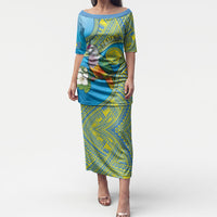 Personalised Palau Biib Bird Puletasi Rur Flower And Rock Islands Patterns DT05 Long Dress Blue - Polynesian Pride