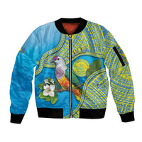Personalised Palau Biib Bird Sleeve Zip Bomber Jacket Rur Flower And Rock Islands Patterns DT05 Unisex Blue - Polynesian Pride
