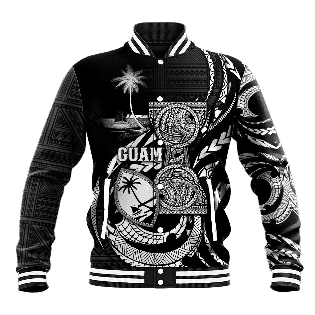 Personalised Guam Liberation Day Baseball Jacket Black White Latte Stone Tribal Patterns DT05 Unisex Black - Polynesian Pride