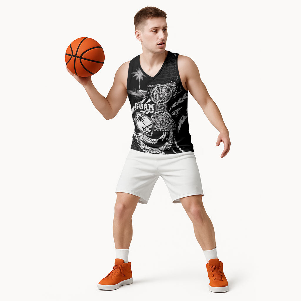 Personalised Guam Liberation Day Basketball Jersey Black White Latte Stone Tribal Patterns DT05 - Polynesian Pride