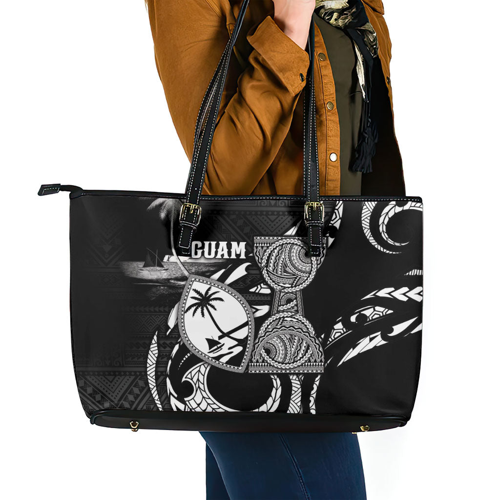 Guam Liberation Day Leather Tote Bag Black White Latte Stone Tribal Patterns DT05 - Polynesian Pride