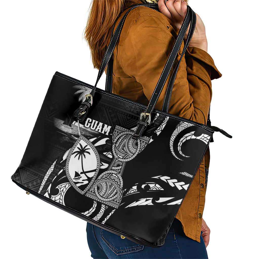 Guam Liberation Day Leather Tote Bag Black White Latte Stone Tribal Patterns DT05 - Polynesian Pride