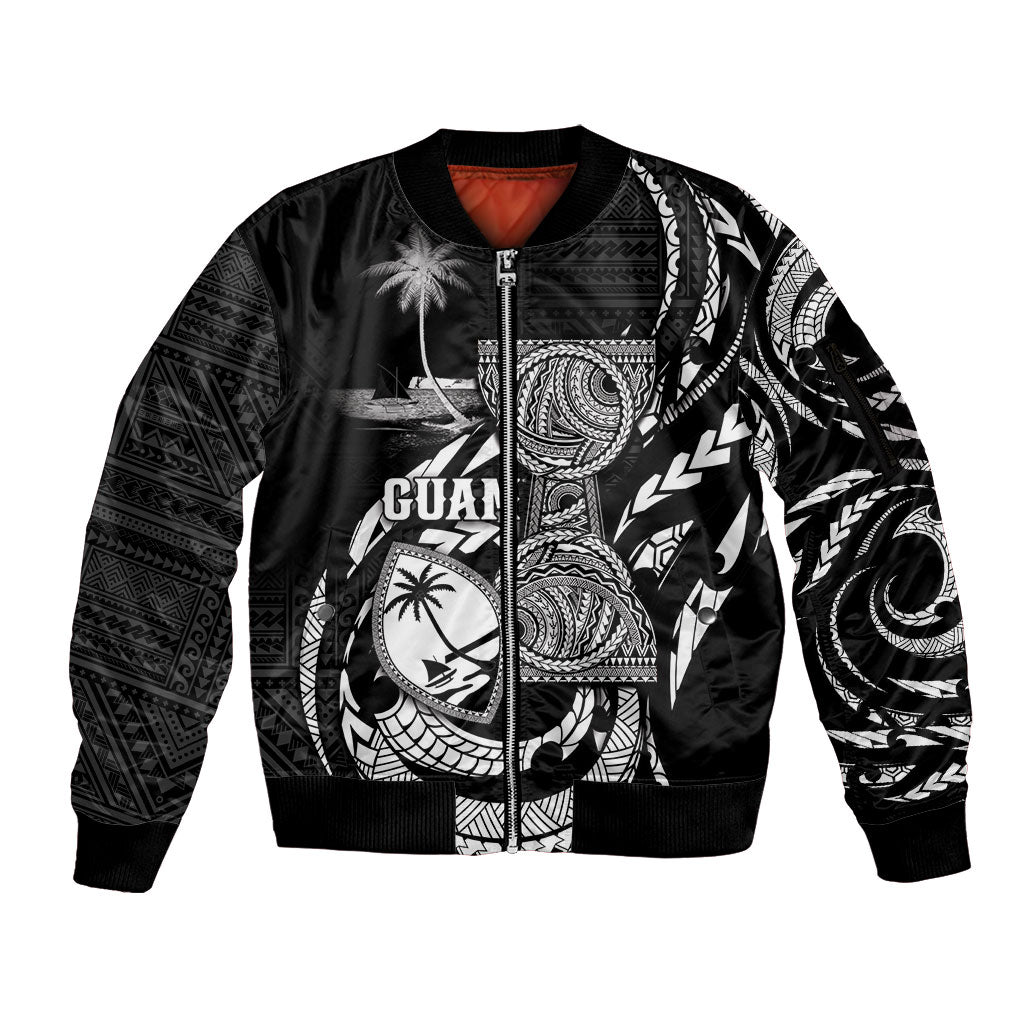 Personalised Guam Liberation Day Sleeve Zip Bomber Jacket Black White Latte Stone Tribal Patterns DT05 Unisex Black - Polynesian Pride