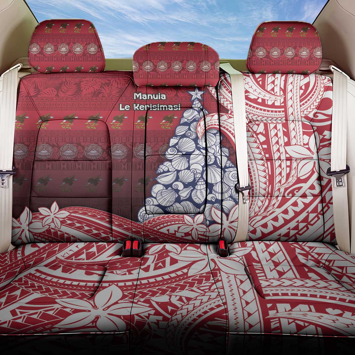 American Samoa Christmas Back Car Seat Cover Seashell Xmas Tree Tribal Waves DT05 One Size Red - Polynesian Pride