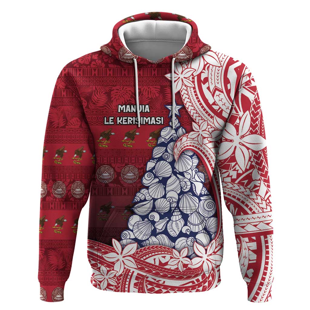 American Samoa Christmas Hoodie Seashell Xmas Tree Tribal Waves DT05 Pullover Hoodie Red - Polynesian Pride