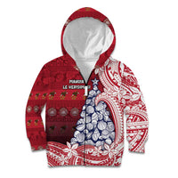 American Samoa Christmas Kid Hoodie Seashell Xmas Tree Tribal Waves DT05 Zip Hoodie Red - Polynesian Pride